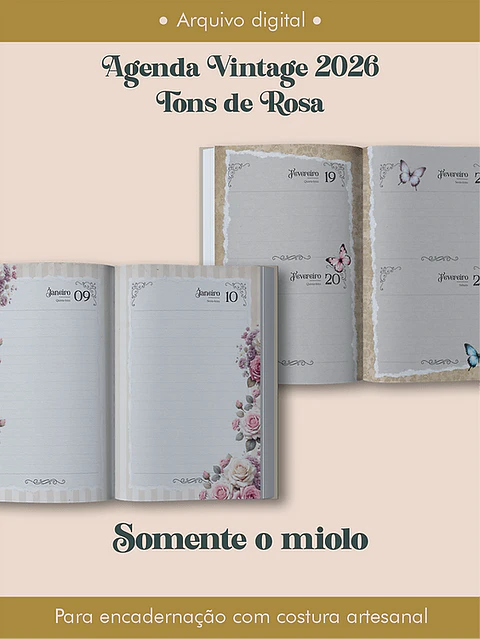 Arquivo Digital Agenda Vintage 2026 Tons de Rosa Costura