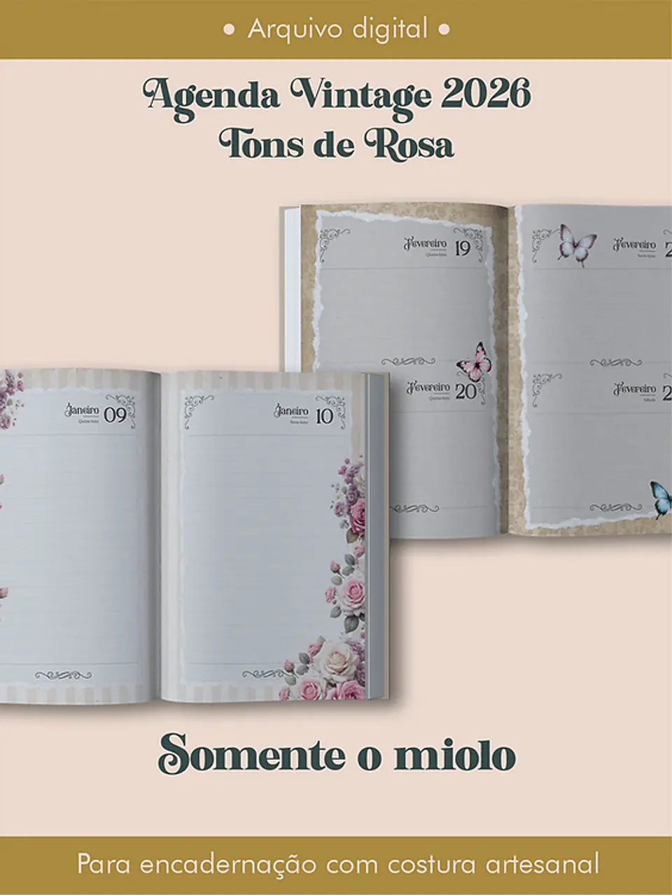 Arquivo Digital Agenda Vintage 2026 Tons de Rosa Costura 1