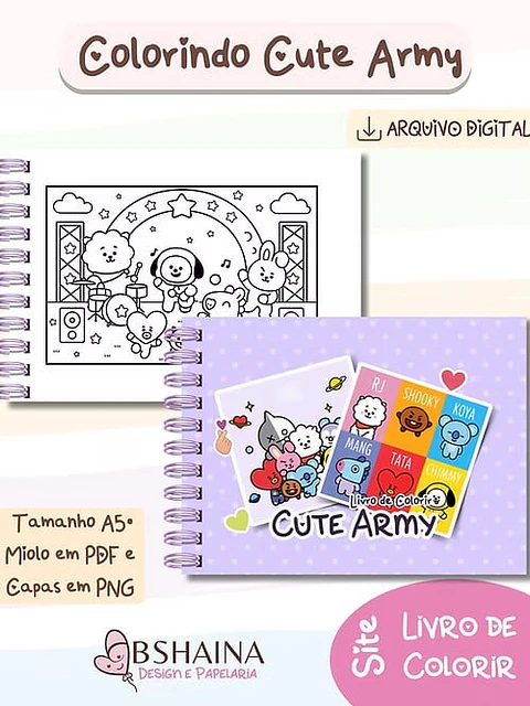 Arquivo Digital Livro de Colorir Cute Army BT21