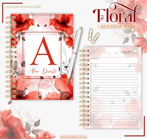 Arquivo Digital Agenda 2026 Floral Vermelho