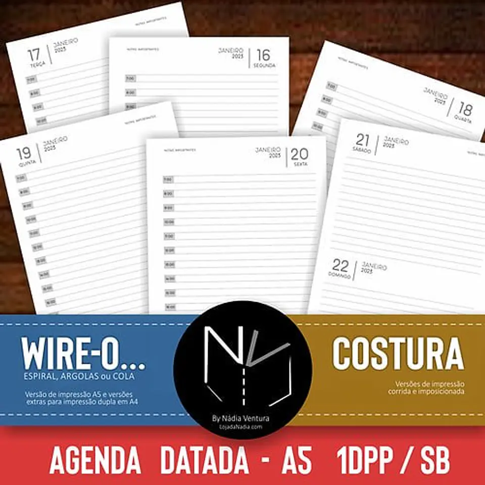 Arquivo Digital Miolo Agenda 2026 Datada A5 1DPP/SB Costura + Folhas – Col. Cute Clean 1
