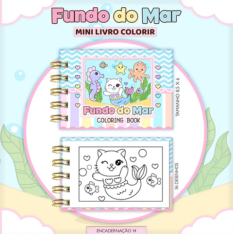 Arquivo de Corte Mini Livro de Colorir Fundo do Mar Menina