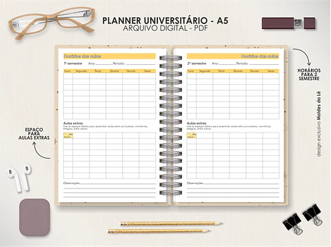 Arquivo Digital Planner Universitário A5 Permanente Vertical