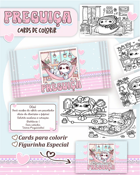 Arquivo Digital Cards de Colorir Preguiça Kawaii