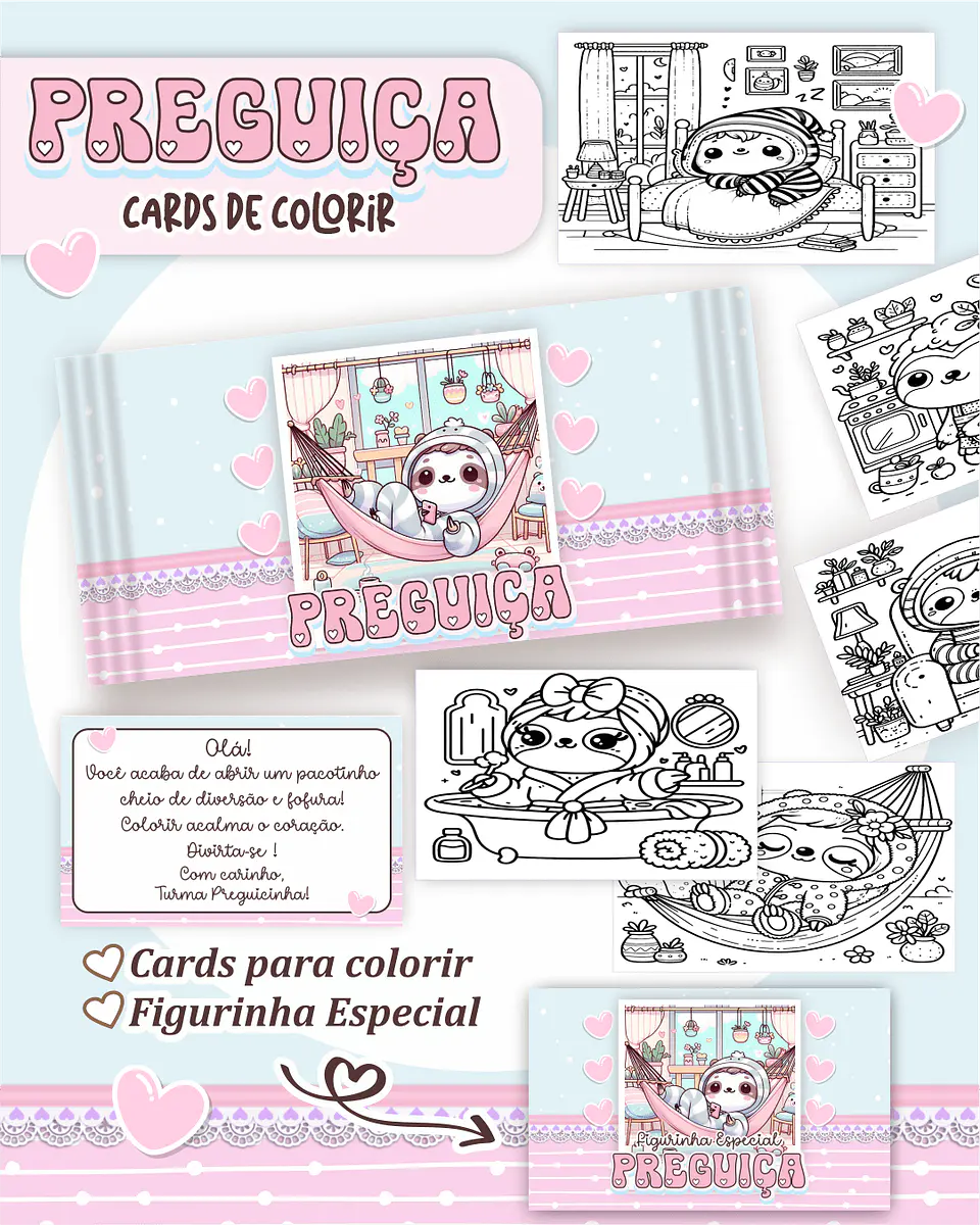 Arquivo Digital Cards de Colorir Preguiça Kawaii 1