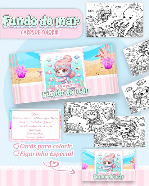 Arquivo Digital Cards de Colorir Fundo do Mar Menina