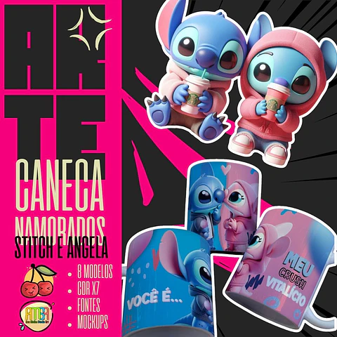 Arquivo Digital Arte Caneca Namorados Stitch e Angel