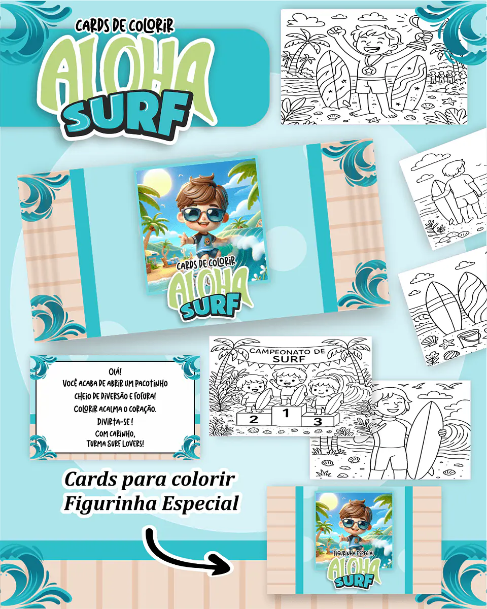 Arquivo Digital Cards de Colorir Surf 1