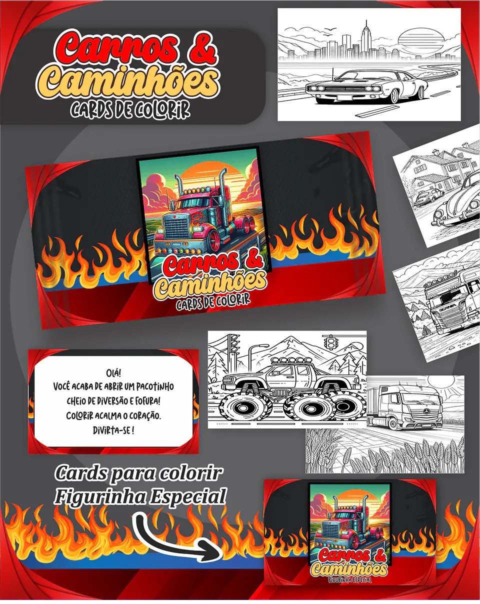 Arquivo Digital Cards de Colorir Carros e Caminhões 1