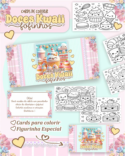 Arquivo Digital Cards de Colorir Doces Kawall