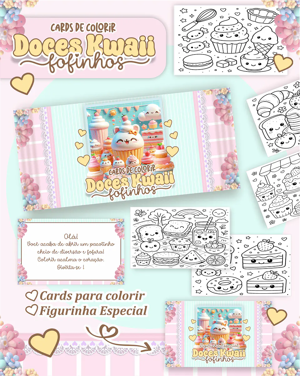 Arquivo Digital Cards de Colorir Doces Kawall 1