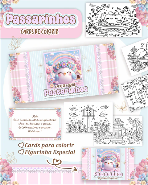 Arquivo Digital Cards de Colorir Jardim de Passarinhos