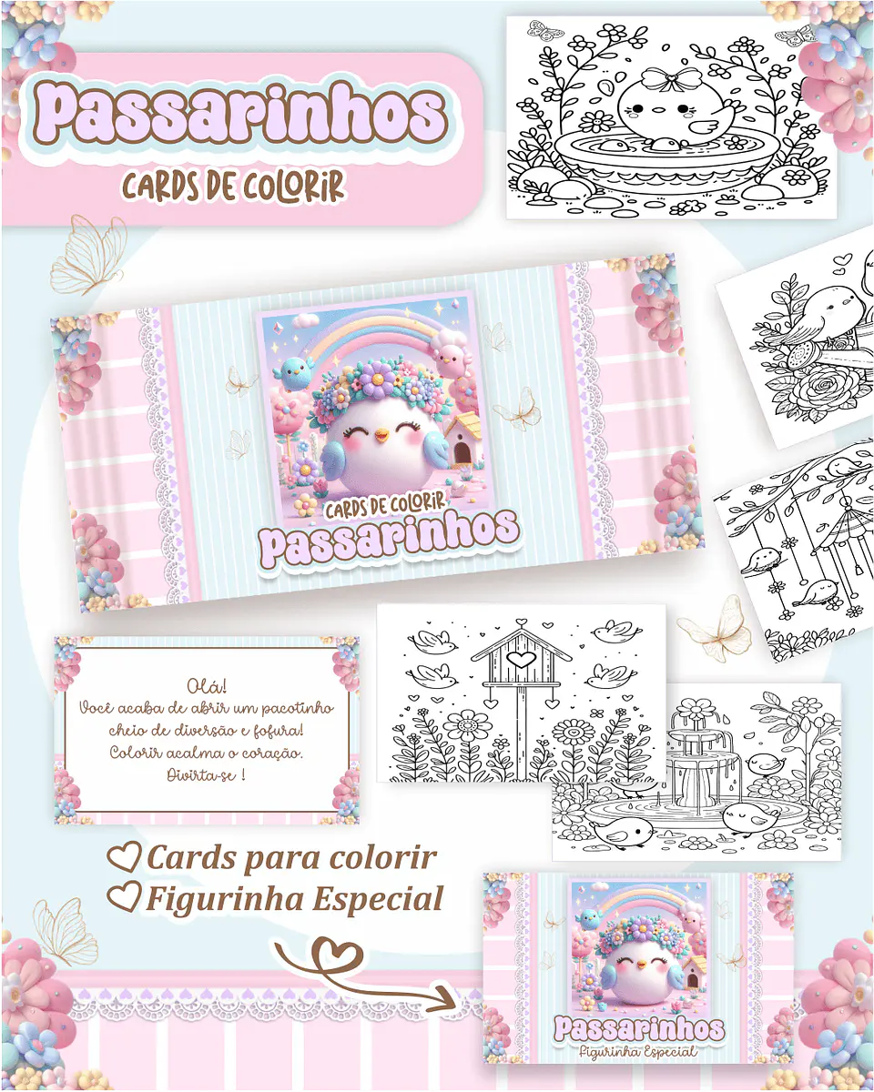 Arquivo Digital Cards de Colorir Jardim de Passarinhos 1