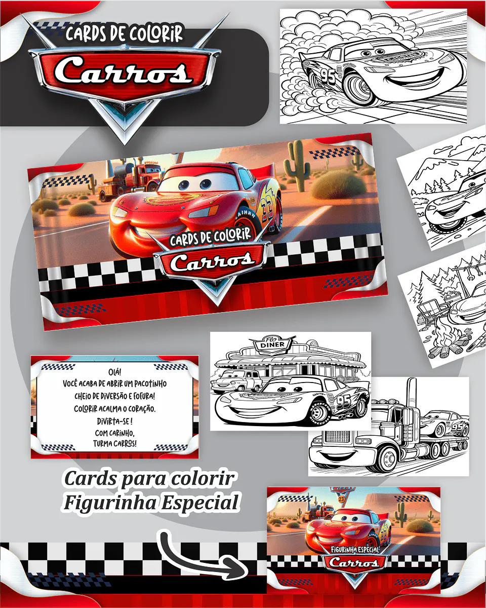 Arquivo Digital Cards de Colorir Carros Disney 1