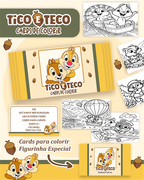 Arquivo Digital Cards de Colorir Tico e Teco