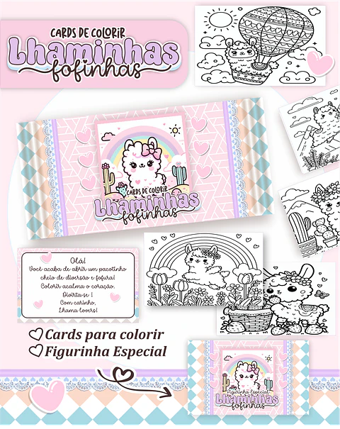 Arquivo Digital Cards de Colorir Lhaminhas Fofas