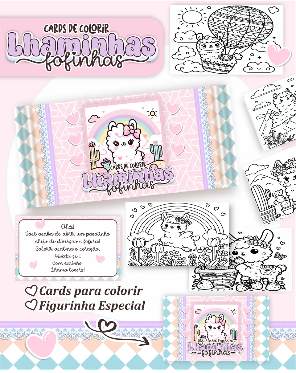 Arquivo Digital Cards de Colorir Lhaminhas Fofas 1