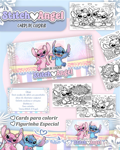 Arquivo Digital Cards de Colorir Stitch e Angel