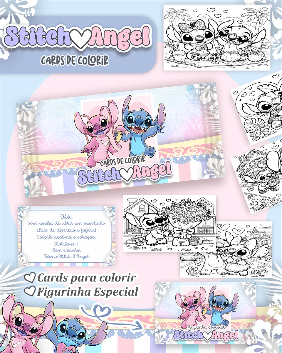 Arquivo Digital Cards de Colorir Stitch e Angel 1