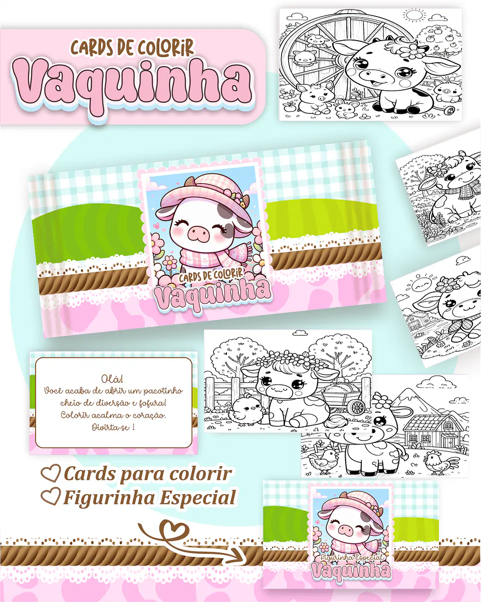 Arquivo Digital Cards de Colorir Vaquinha Fofa 1
