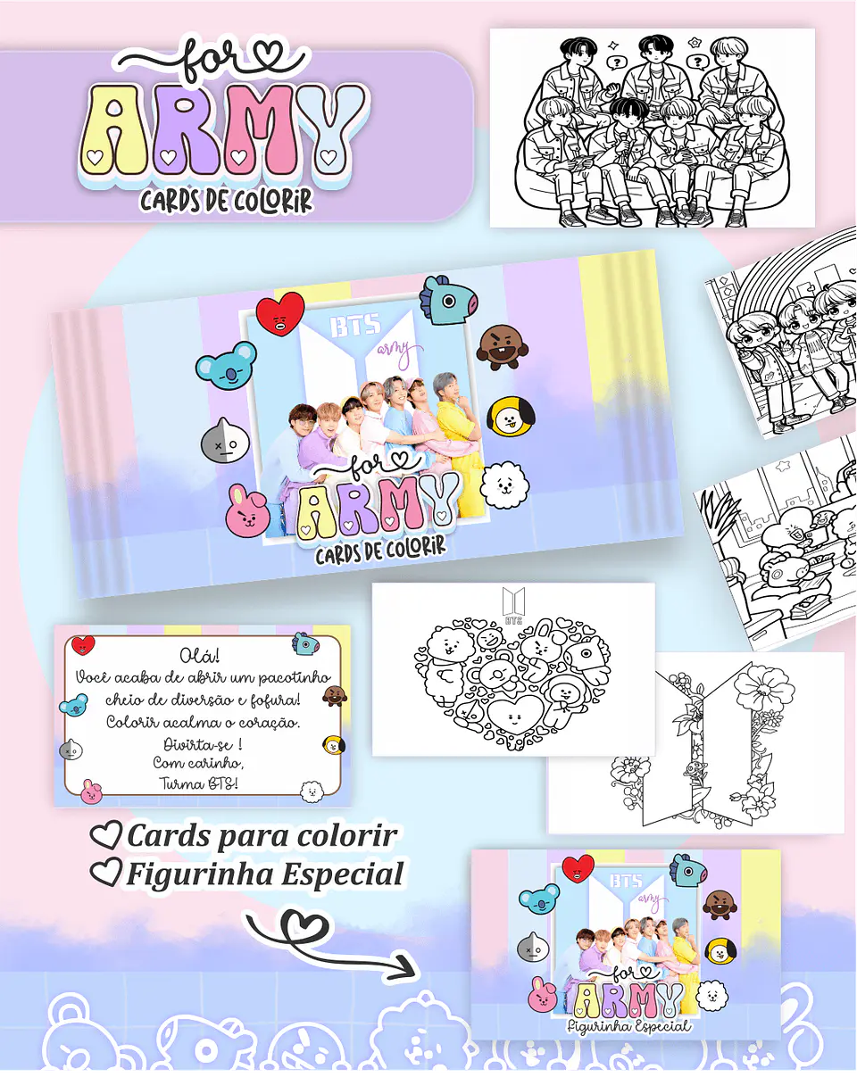 Arquivo Digital Cards de Colorir BTS 1