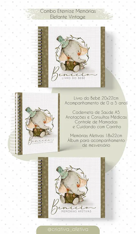 Arquivo Digital Caderneta Livro do Bebe Elefante Vintage