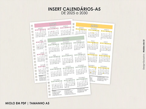 Arquivo Digital Calendário A5 de 2025 a 2030