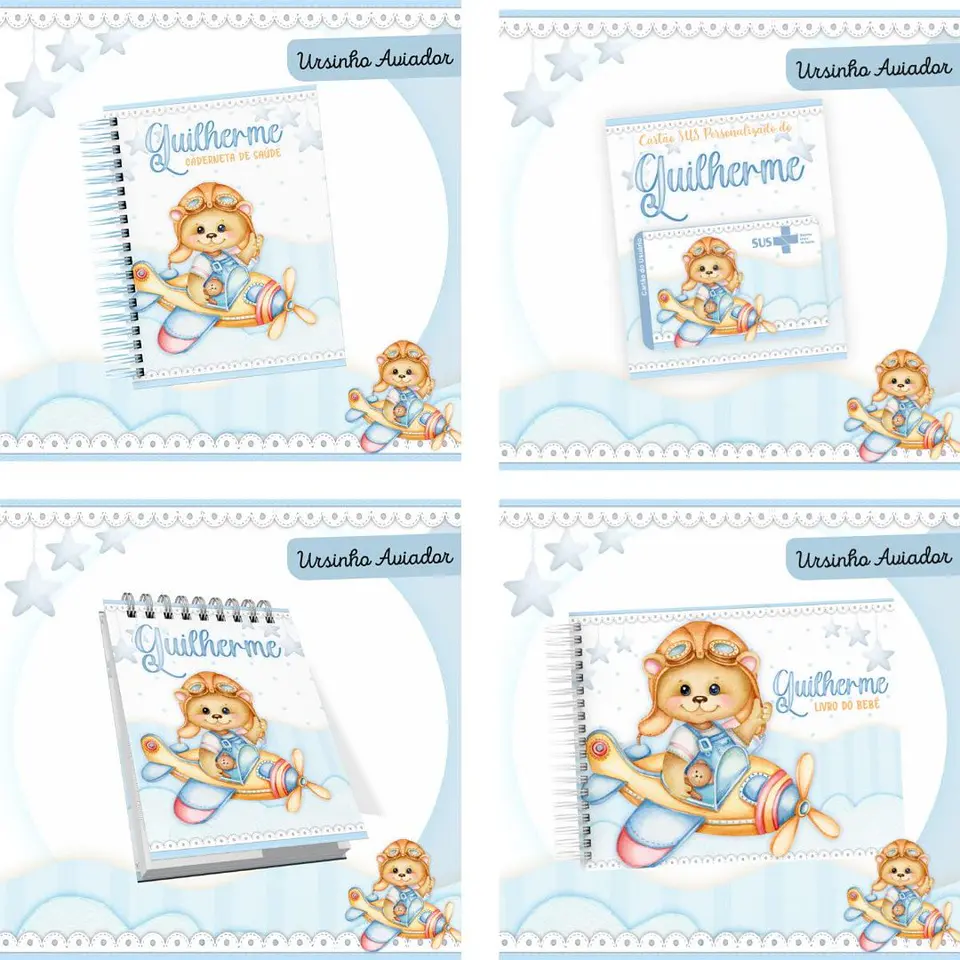 Kit Digital Encadernação Ursinho Aviador Caderneta e Livro do bebê, Cartão SUS 3