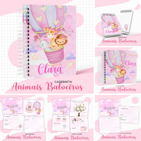 Arquivo Digital Caderneta e Livro Bebe Animais Baloeiros Menina