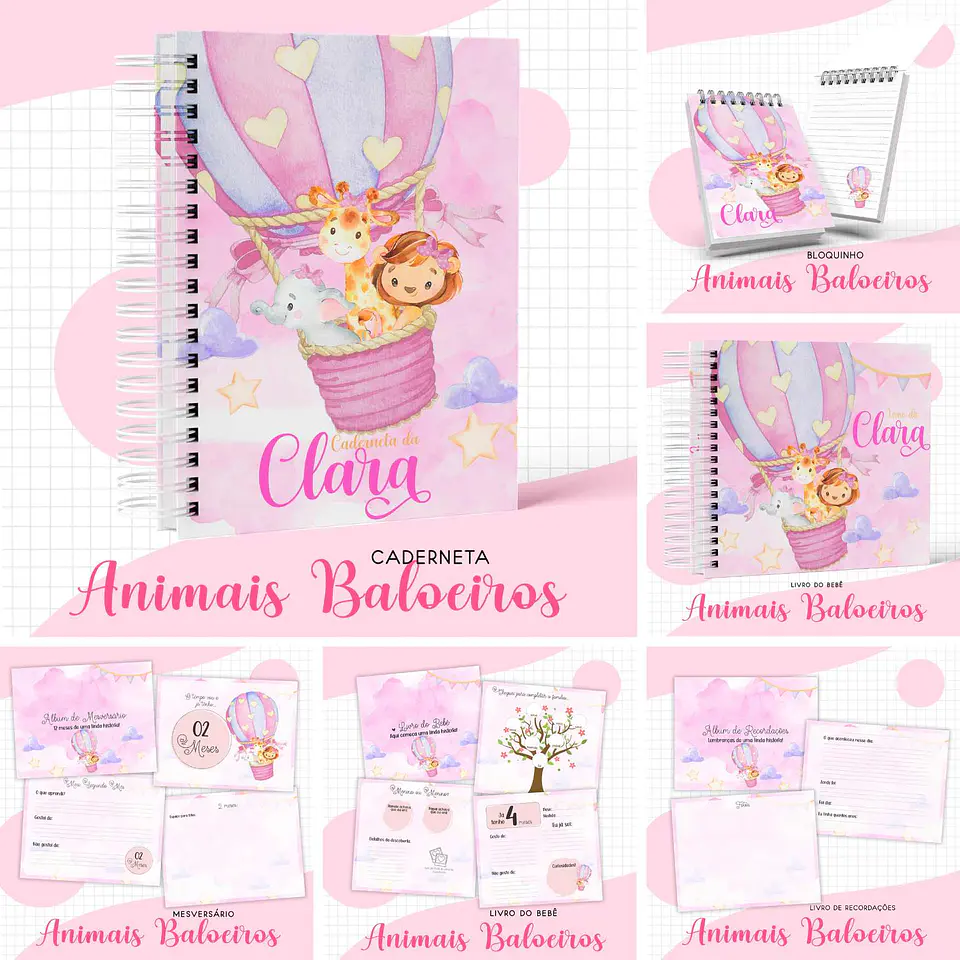 Arquivo Digital Caderneta e Livro Bebe Animais Baloeiros Menina 1