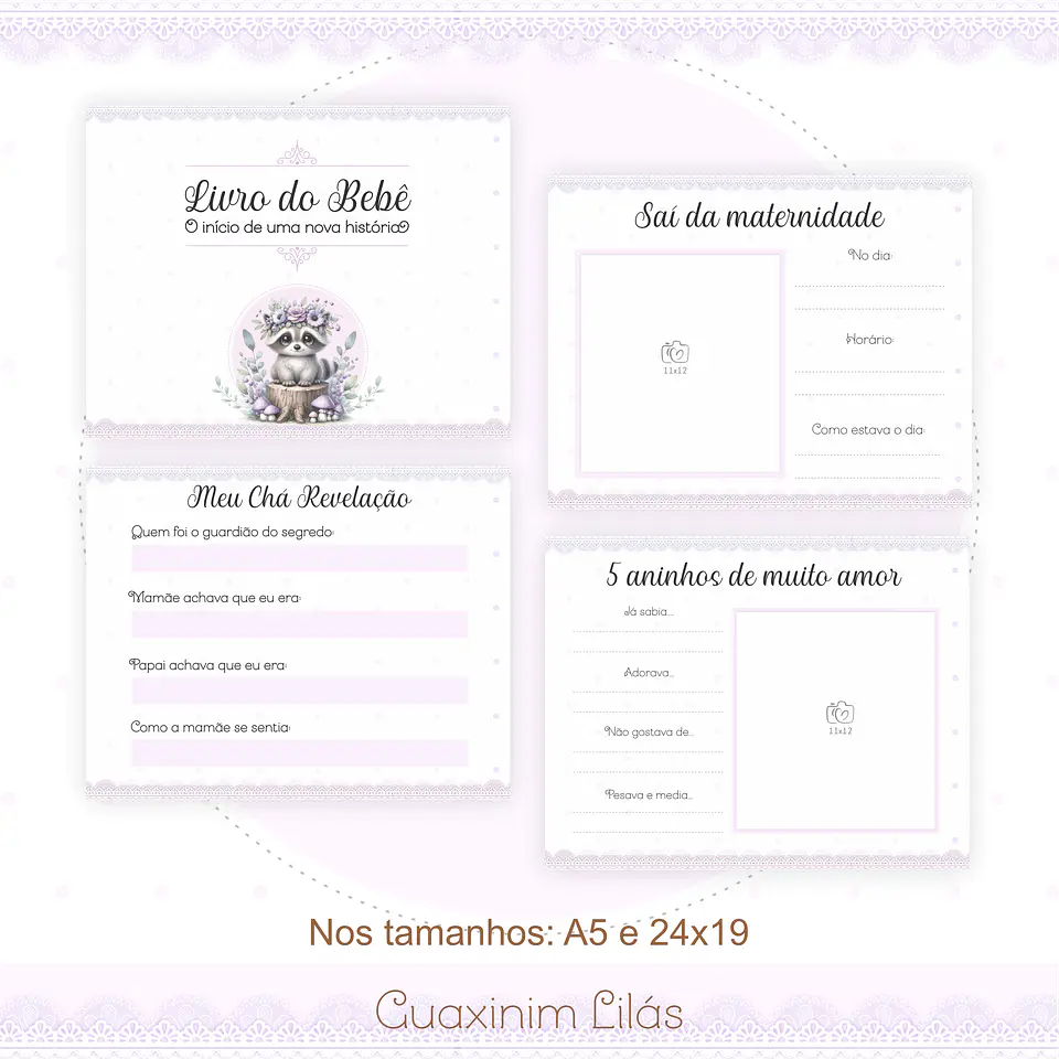 Arquivo Digital Caderneta Livro do Bebe Guaxinim Lilás 3
