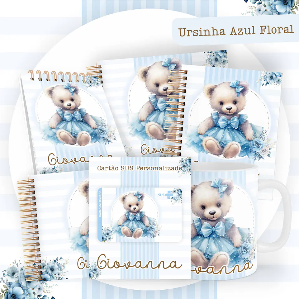 Arquivo Digital Pack Baby Ursinha Azul Floral 1