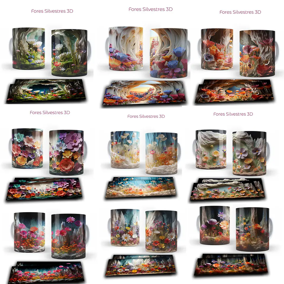 Pack Artes Floral Silvestres 3D  Sublimação Canecas 1