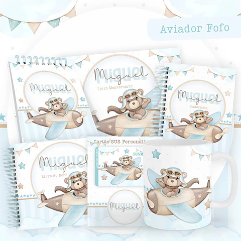 Arquivo Digital Caderneta e Livro Bebê Ursinho Aviador Fofo