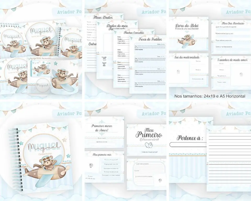 Arquivo Digital Caderneta e Livro Bebê Ursinho Aviador Fofo 10