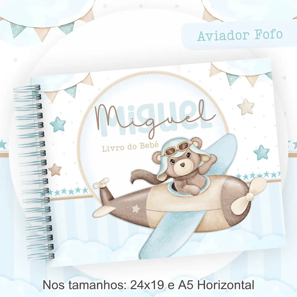 Arquivo Digital Caderneta e Livro Bebê Ursinho Aviador Fofo 15