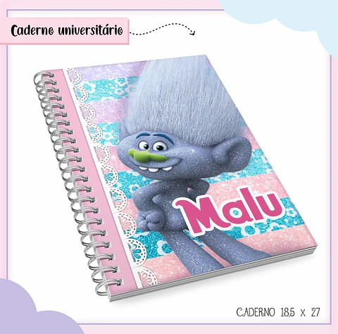 Arquivo de Corte Etiqueta Escolar e Encadernação Volta às Aulas Trolls Menina