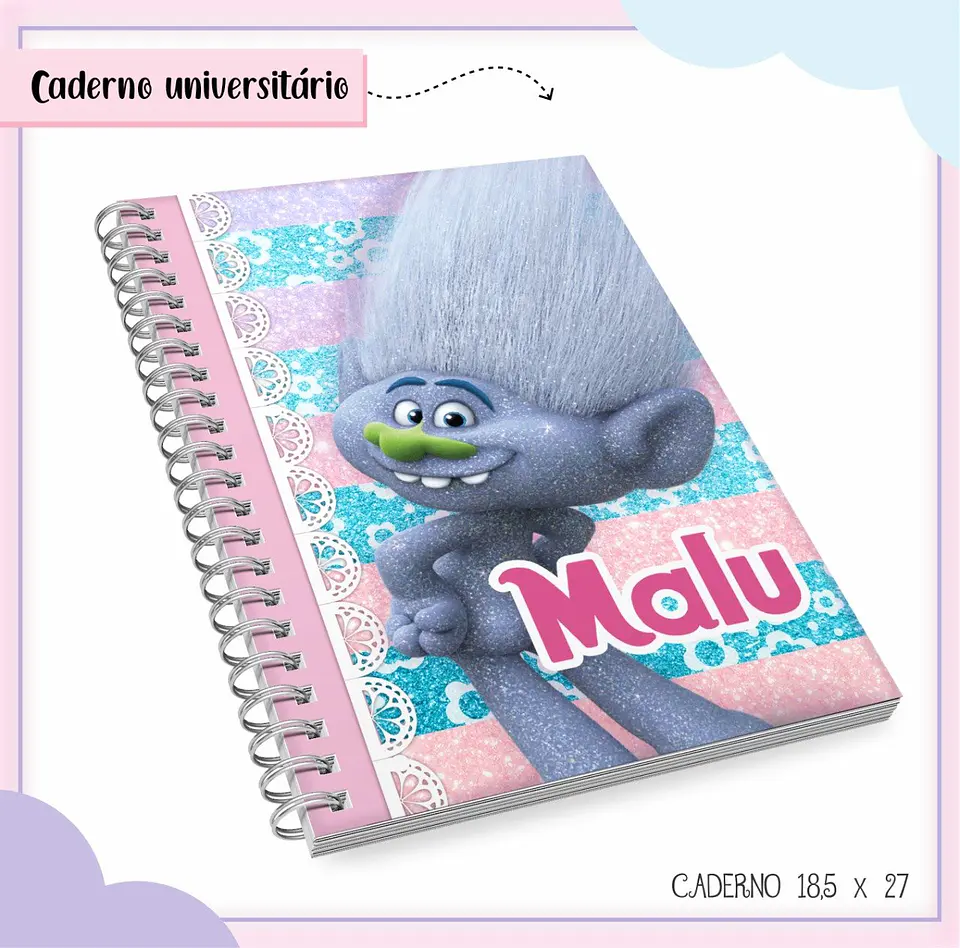 Arquivo de Corte Etiqueta Escolar e Encadernação Volta às Aulas Trolls Menina 2