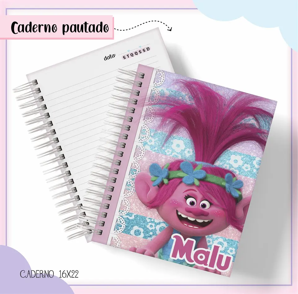 Arquivo de Corte Etiqueta Escolar e Encadernação Volta às Aulas Trolls Menina 3