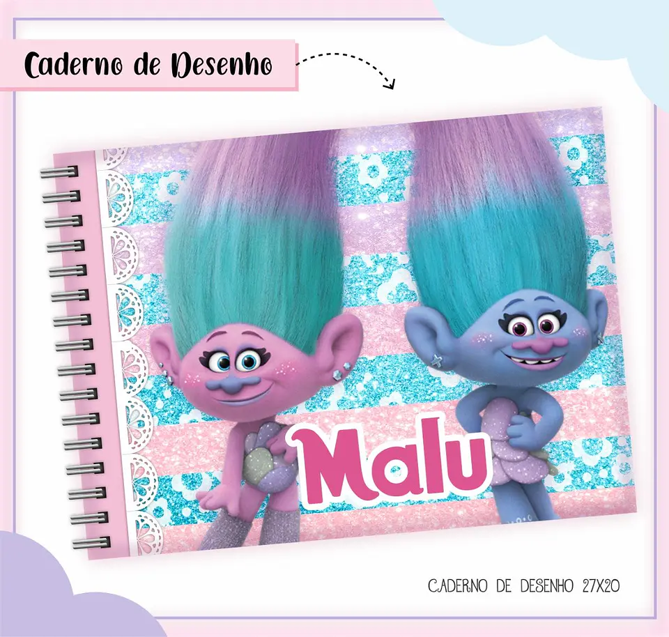 Arquivo de Corte Etiqueta Escolar e Encadernação Volta às Aulas Trolls Menina 5