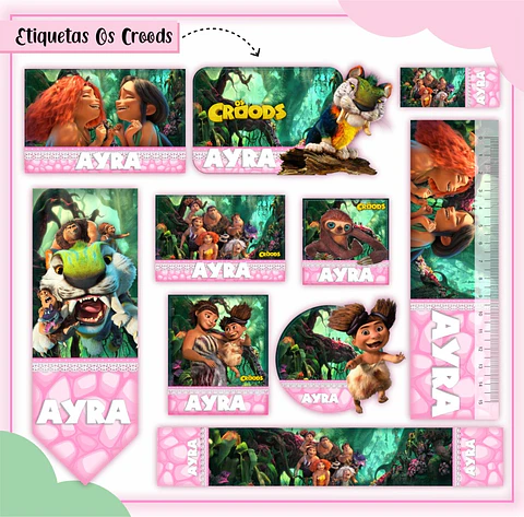 Arquivo de Corte Etiqueta Escolar e Encadernação Volta às Aulas Os Croods