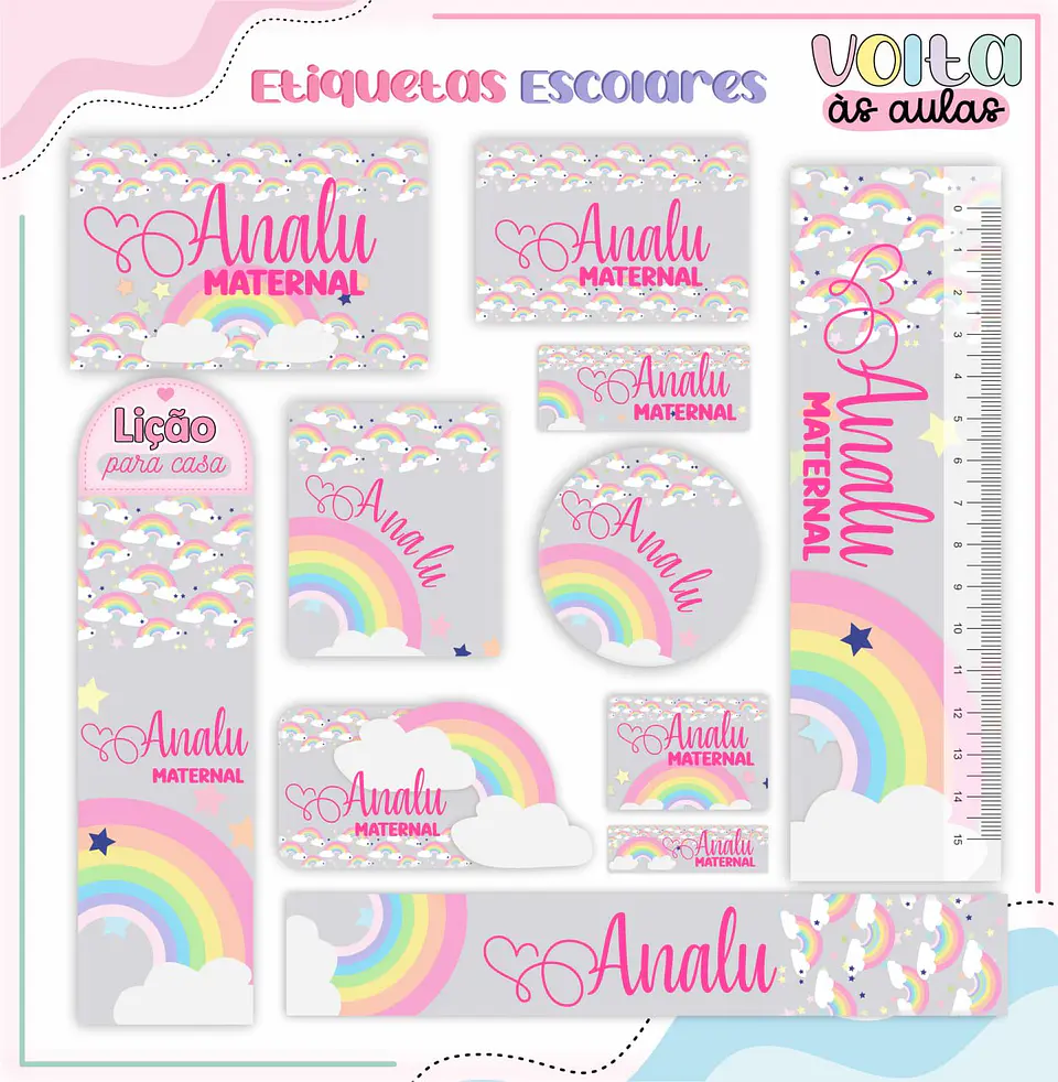 Arquivo de Corte Etiqueta Escolar e Encadernação Volta ás Aulas Arco Iris 1