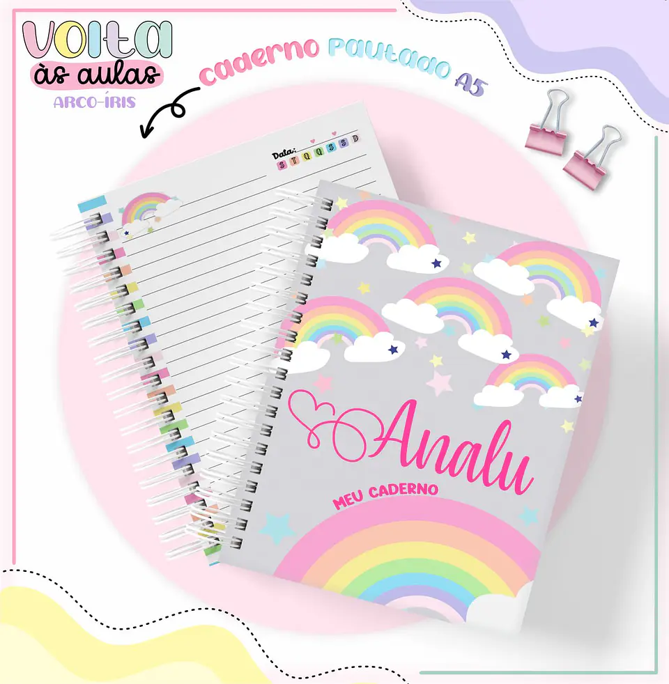 Arquivo de Corte Etiqueta Escolar e Encadernação Volta ás Aulas Arco Iris 2