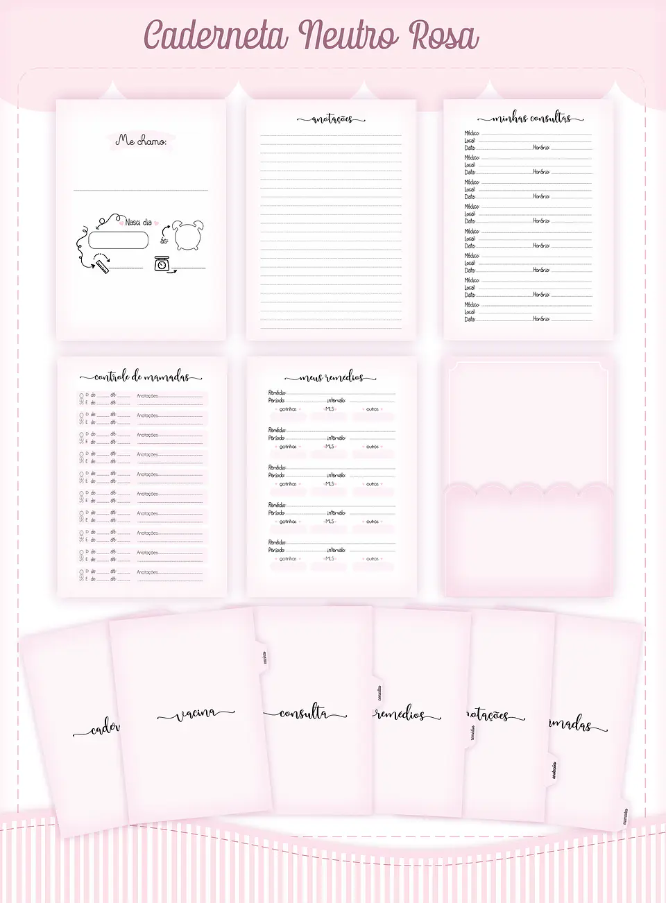 Arquivo Digital Caderneta, Livro do Bebe, Álbum e Cartão do Sus Neutro Rosa 4
