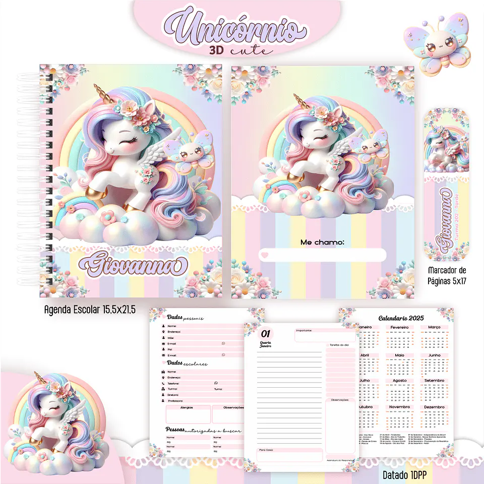 Arquivo Digital Kit Escolar 1.0 Unicórnio 3D Cute 3