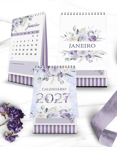 Kit Calendários de Mesa 2027 A5 A6 e Calendário Marca Página Coleção Violeta
