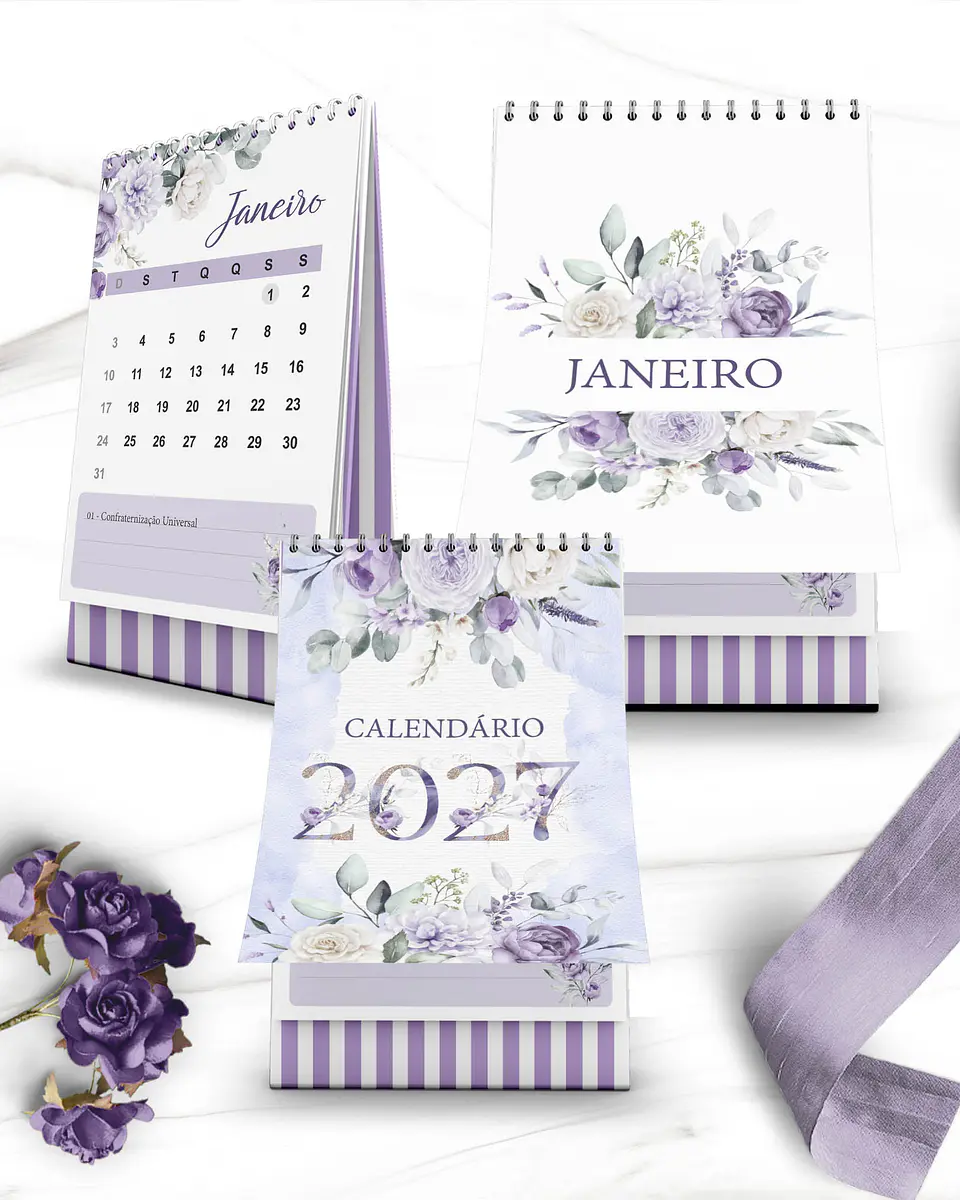 Kit Calendários de Mesa 2027 A5 A6 e Calendário Marca Página Coleção Violeta 2