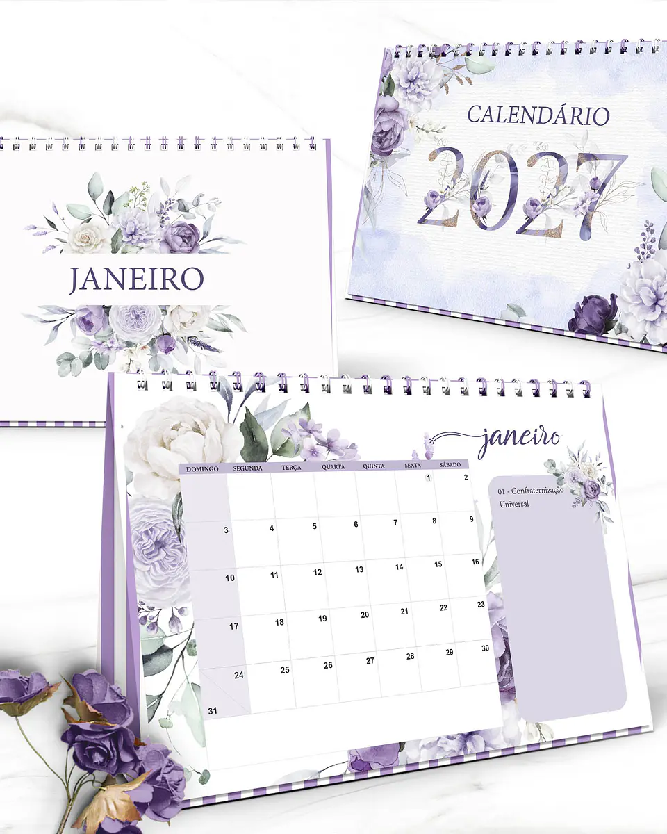 Kit Calendários de Mesa 2027 A5 A6 e Calendário Marca Página Coleção Violeta 3
