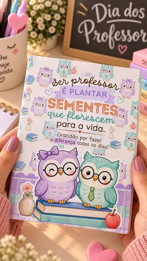 Capa e folhas caderno A5 estilo brochura Corujinhas – Dia dos Professores 2026