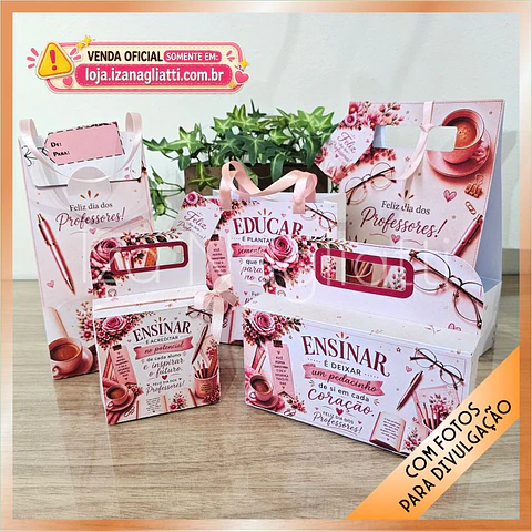 Kit 5 Embalagens presente em tons rosa – Dia dos professores